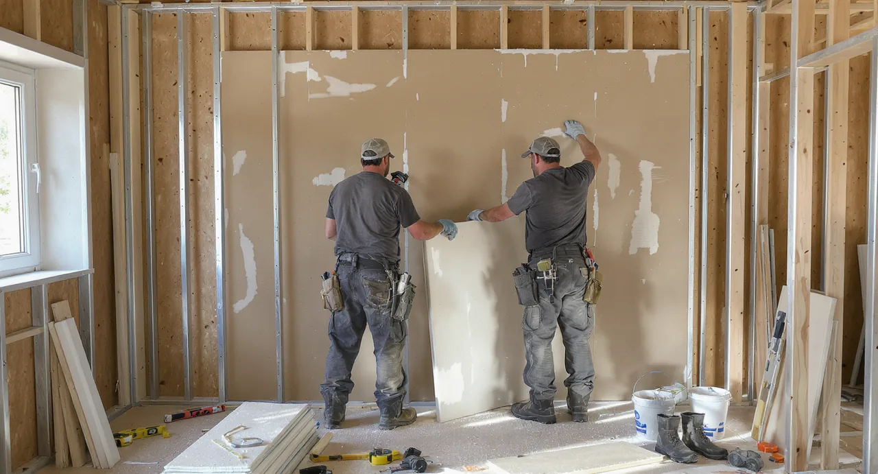 Artisans posant une cloison lors d'une rénovation à Saint-Étienne