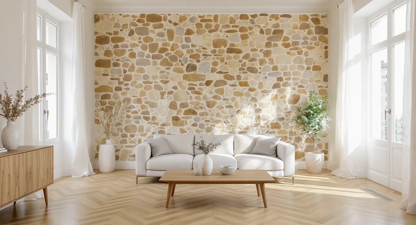 Séjour rénové avec mur en pierre apparente à Saint-Étienne