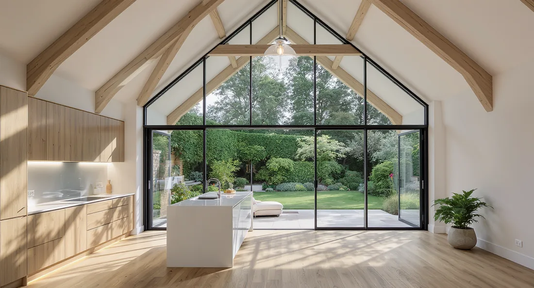 Extension contemporaine avec pignon vitré ouverte sur le jardin