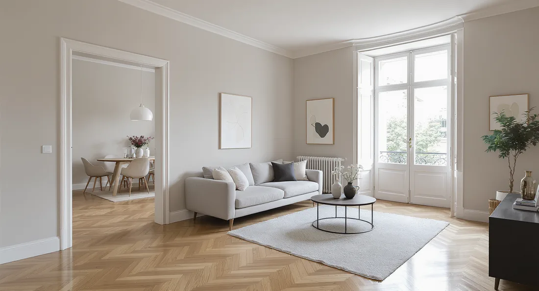 Séjour rénové avec parquet en point de Hongrie